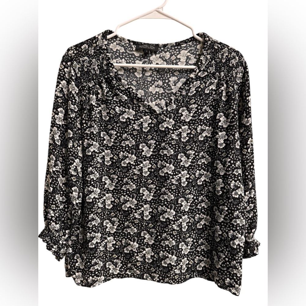Rachel Zoe Black White Floral Blouse Large V-Neck Long Sleeve